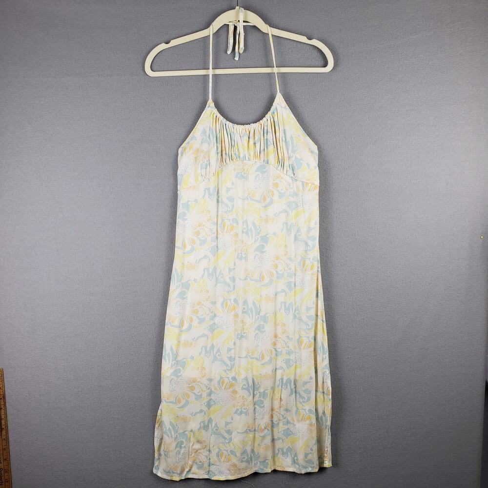 BP Size S Halter Neck Milkmaid Dress Blue Yellow Ruffle Bottom Cottagecore Midi